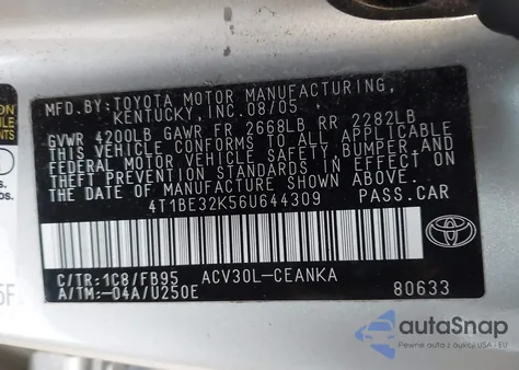 2006 Toyota Camry Le из США, поврежденный, VIN 4T1BE32K56U644309